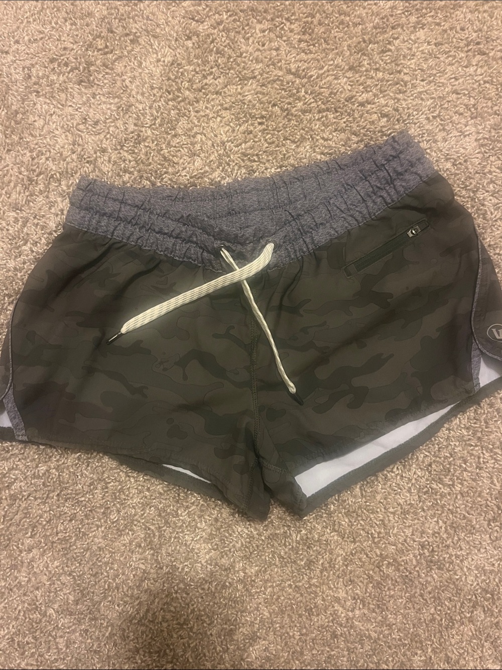 Vuori Clementine Women's Olive Green Camo Athletic Shorts with Heather Waistband